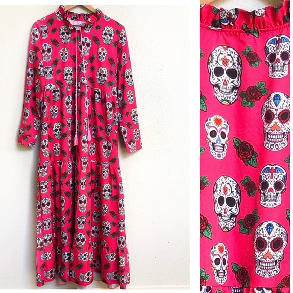 Candy Skull Bright Hot Pink Prairie Cottage Style Maxi Dress size L - Picture 1 of 12